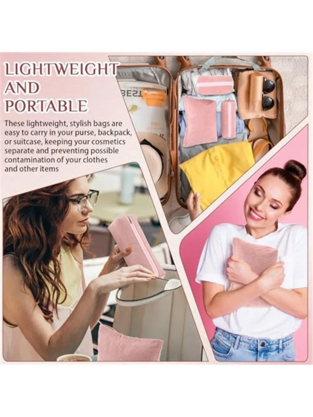 3 Pcs Corduroy Makeup Bag Set for Women Cute Pencil Case, Pink;Solid